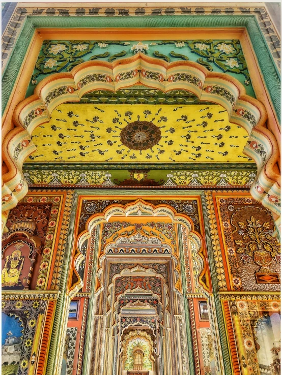 an elaborate colorful ceiling with murals on it