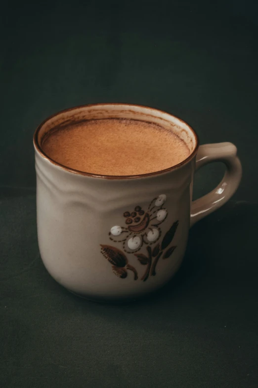 the ceramic coffee mug has flowers on it