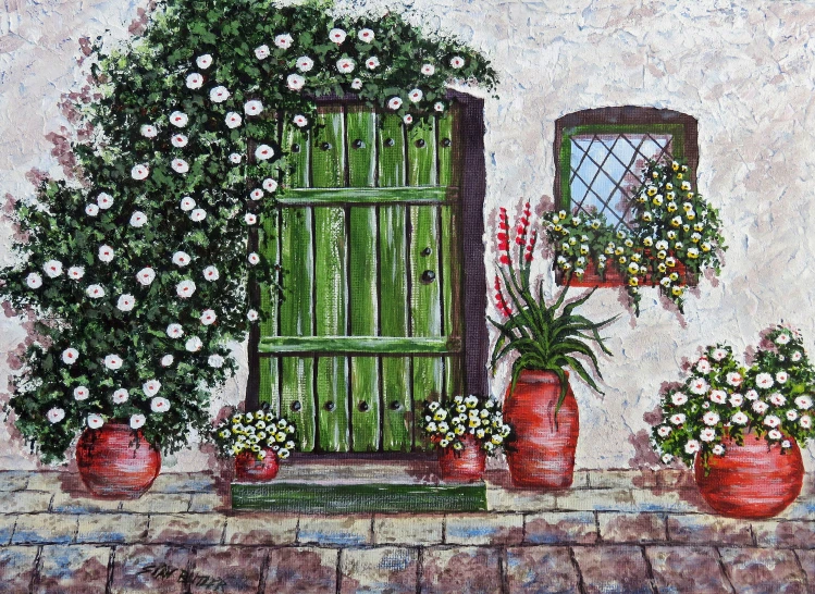 a painting with green shutters and flower pots