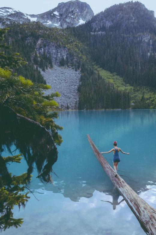 person in a hat stands on a fallen log next to a large lake