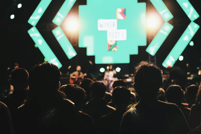 an event audience watches a man perform on the screen