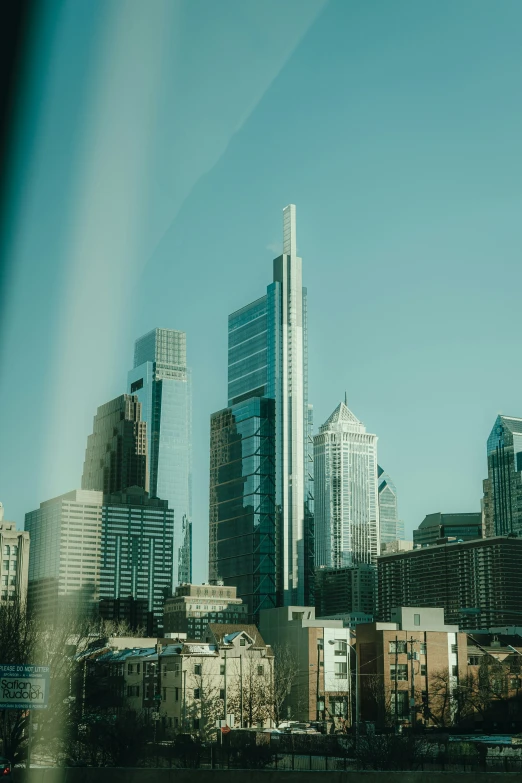 the cityscape is very tall with no one standing around