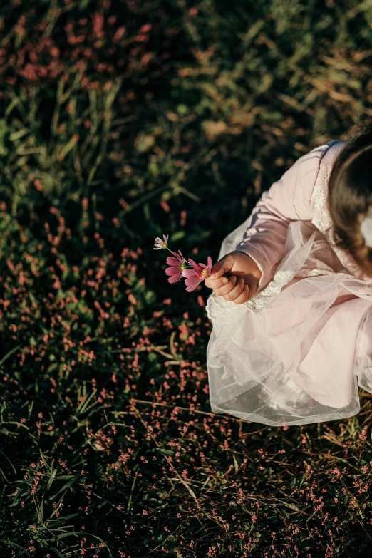 a little girl sitting in the grass holding a flower