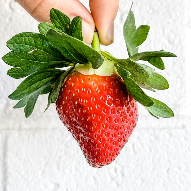 a hand reaching for a strawberry with the stem removed