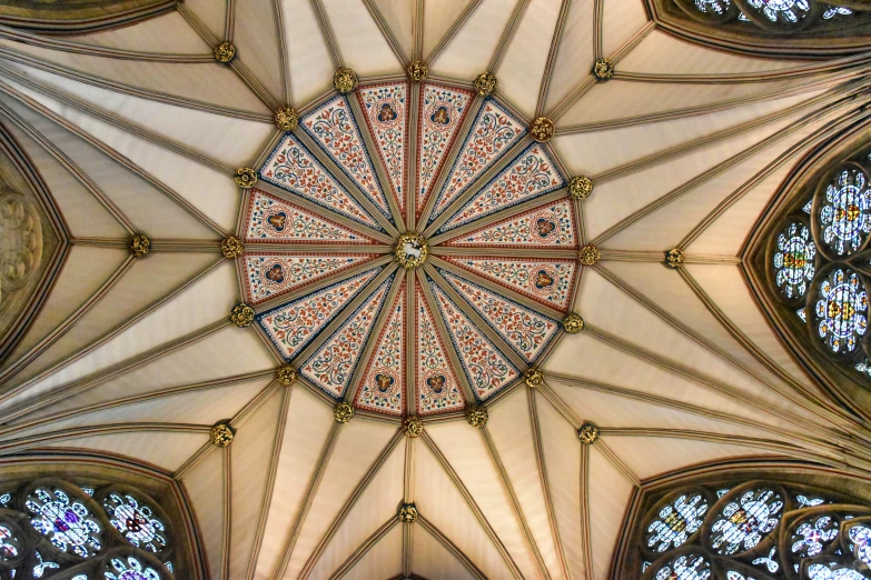 a large round glass window inside of a building