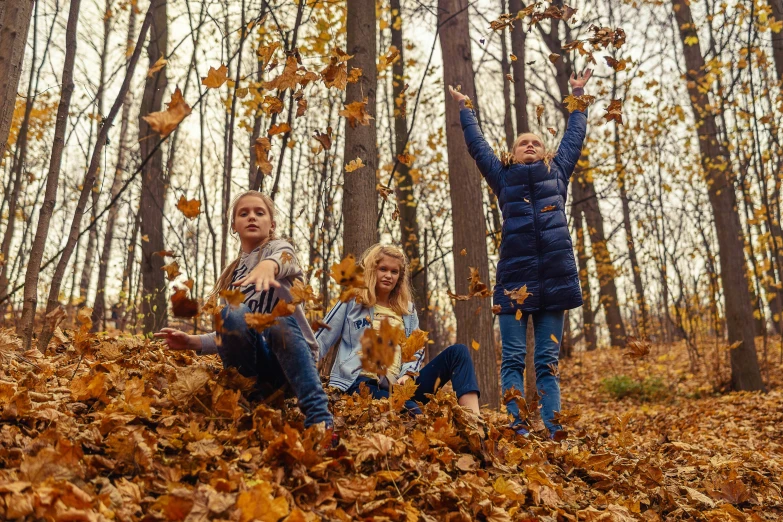 the young children are playing in the leaves