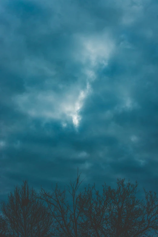 the cloudy sky is full of dark clouds and bare trees