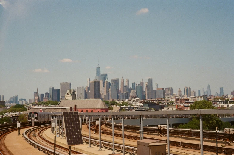 the skyline is in the background of this large city