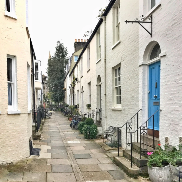 two rows of townhouses with small courtyards and gardens