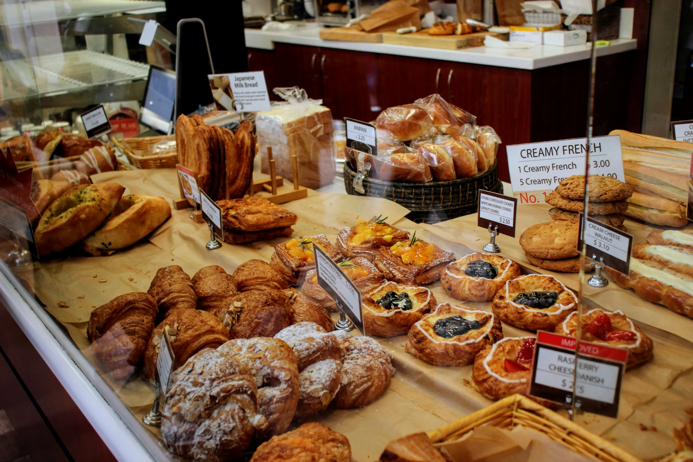 a market area that has different types of bread