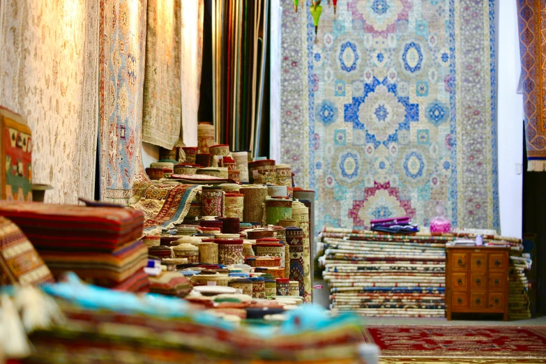 a colorful rugs and tables with books