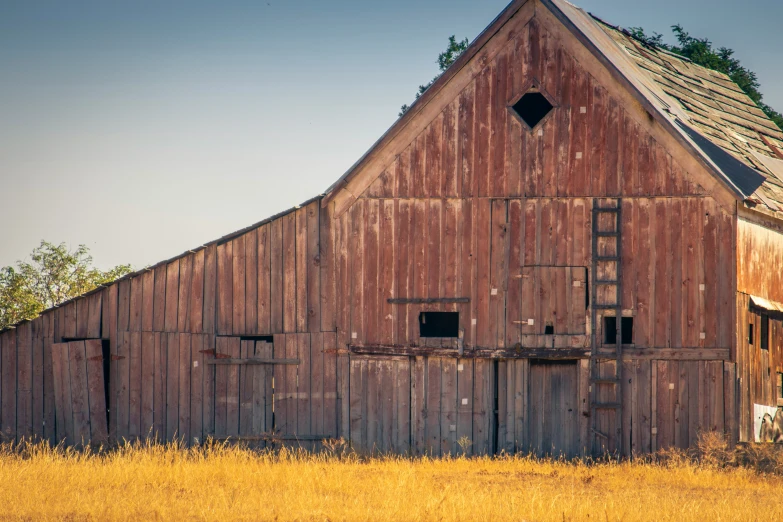 an old barn on a farm with tall grass