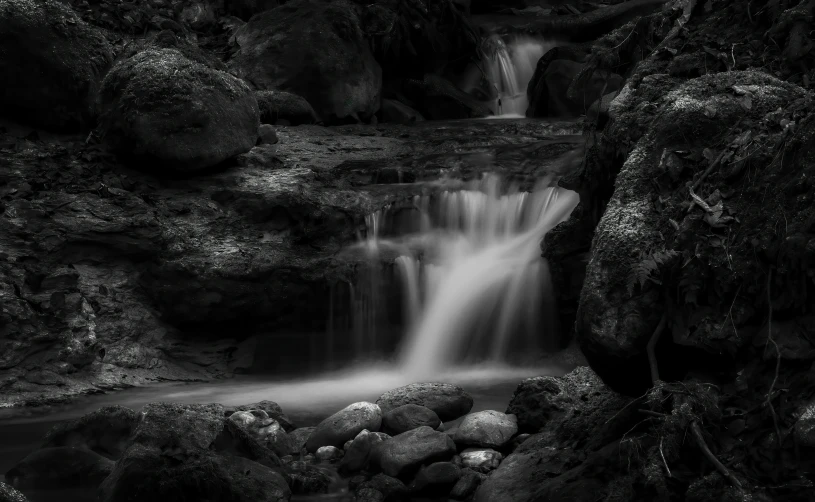 a waterfall in a wooded area with rocks and plants