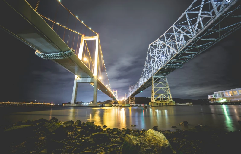 view of the bridge lit up at night