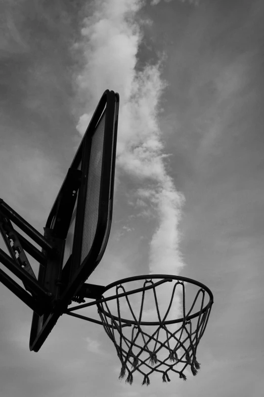 a basketball hoop suspended to the sky, with an upward line