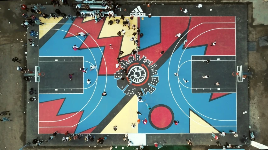 aerial view of basketball court with ball on it