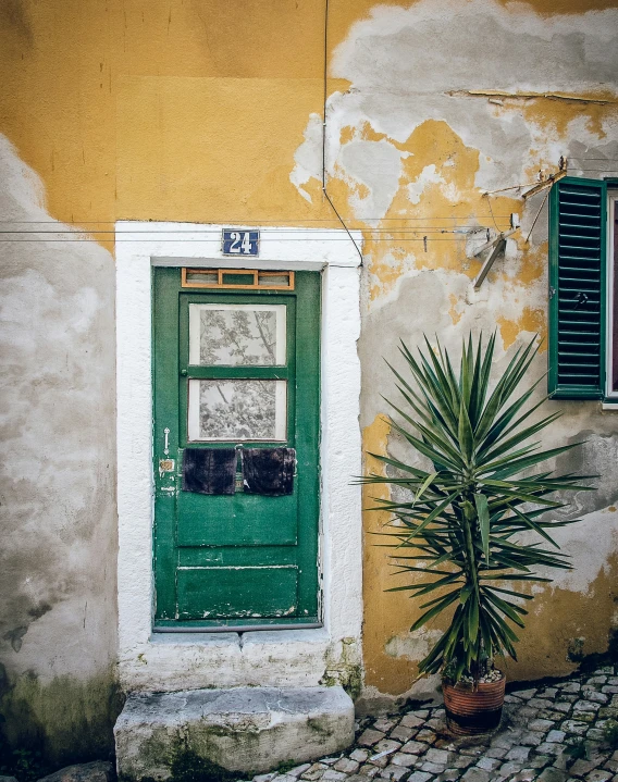 the front door of an old house has green shutters