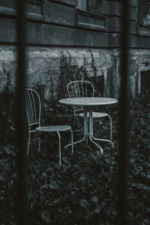 a black and white po with two white chairs and a table