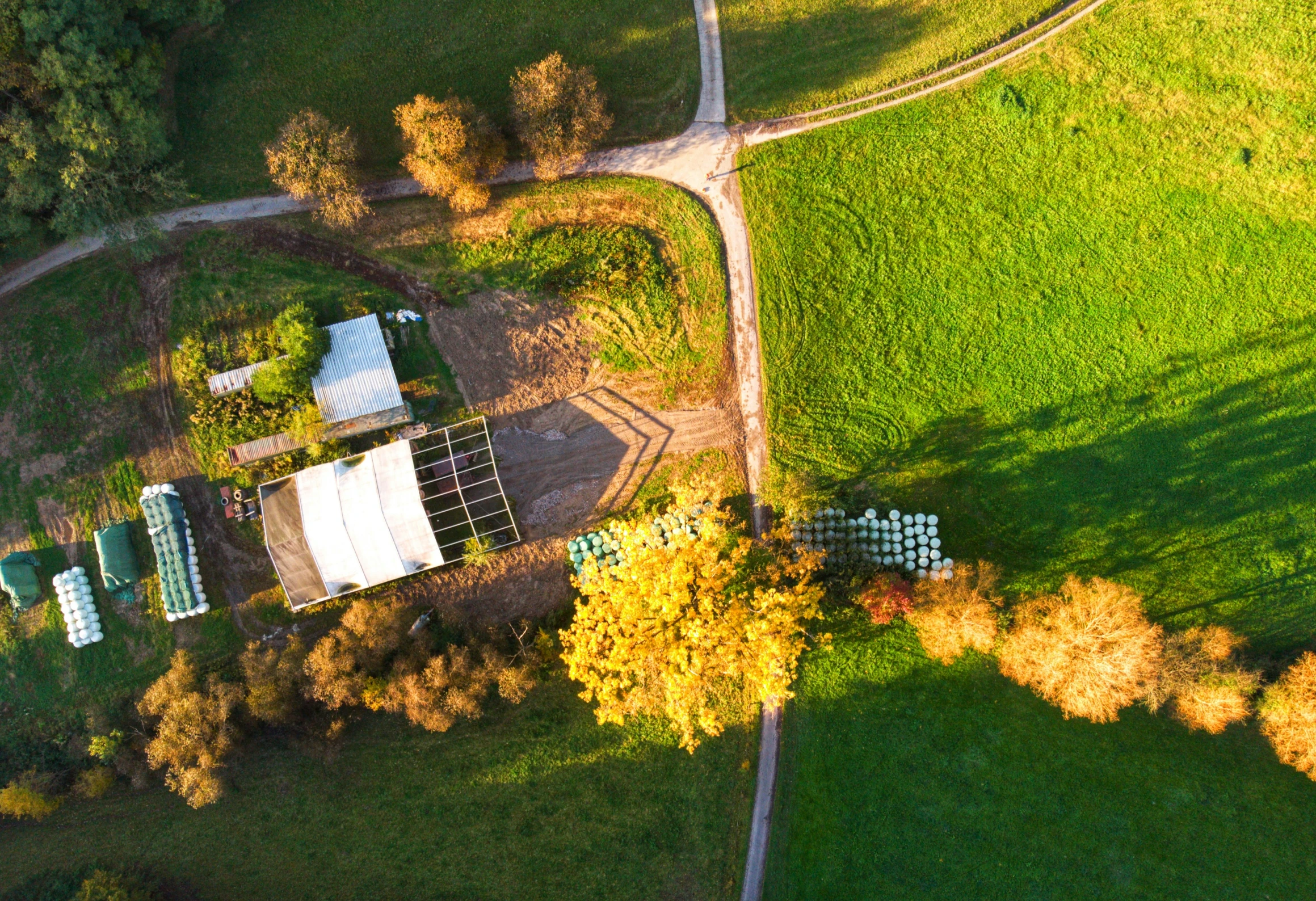 a field that has green grass, and a road