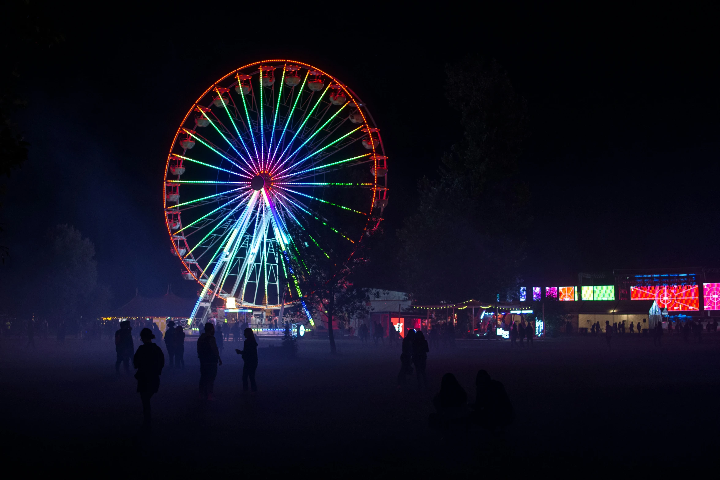 people are in the dark and watching brightly lit ferris wheel