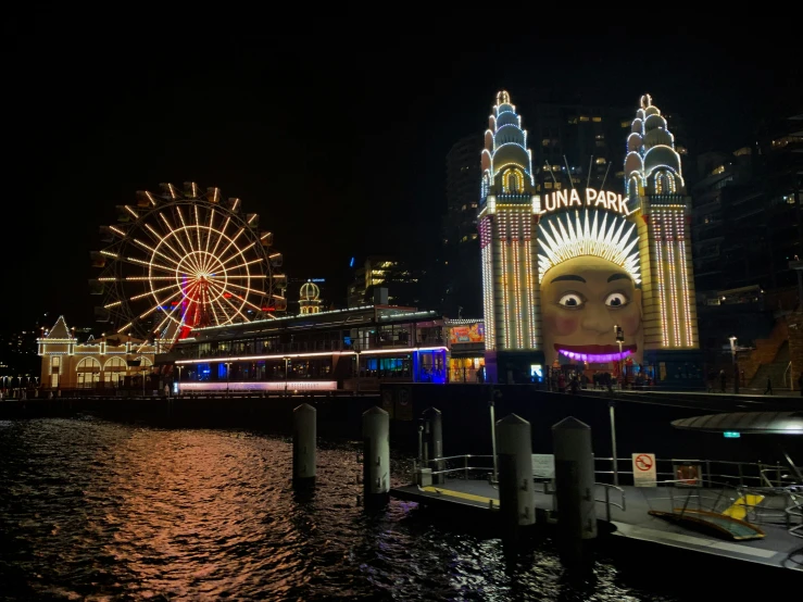 a city is lit up with colorful lights on the buildings and a ferris wheel