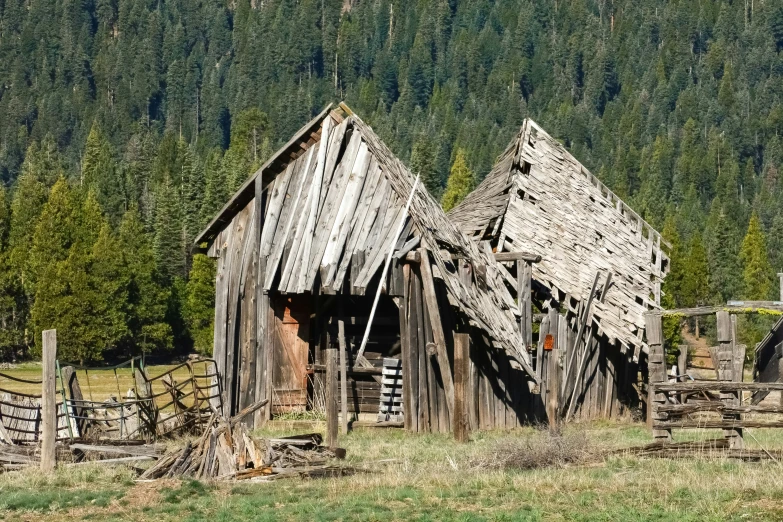 a wooden barn in a field near trees