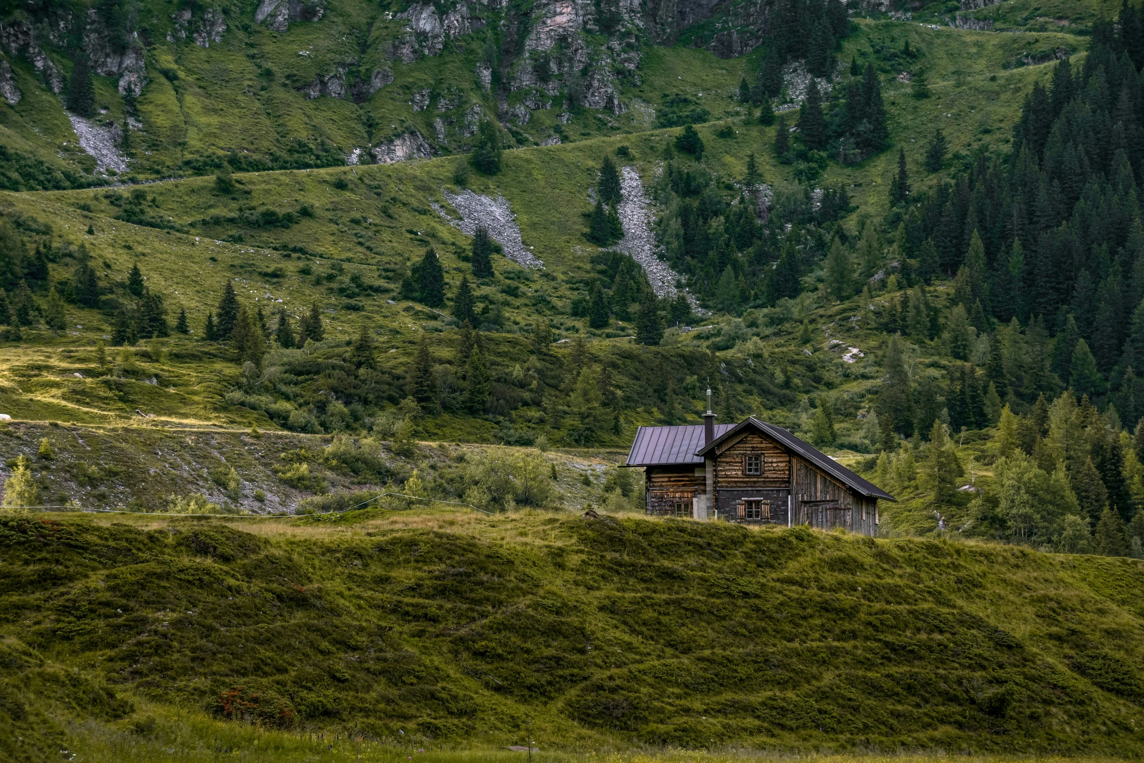 old cabin nestled in a mountainous mountain meadow