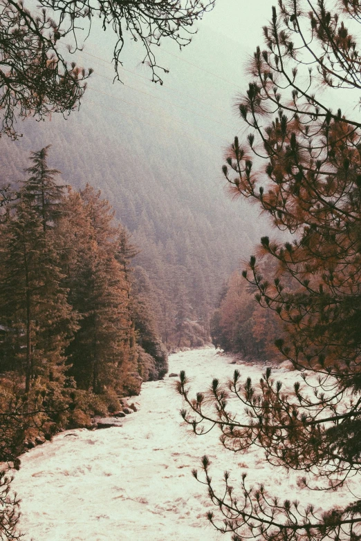 there is snow in the foreground, and the river in the background