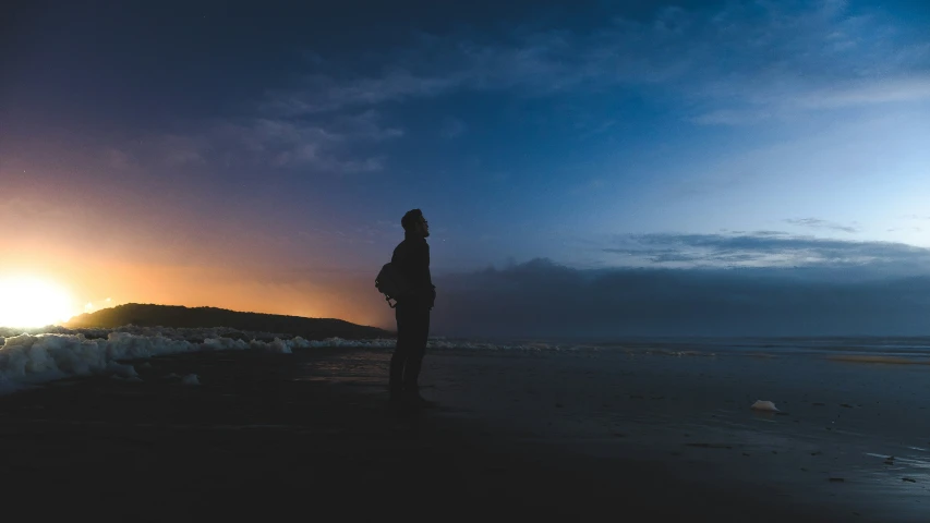 a person standing on the beach looking out at the water