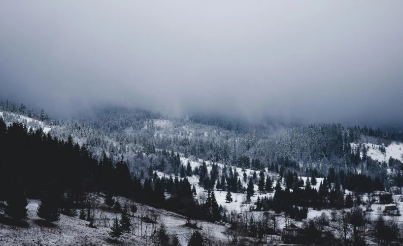 an area with mountains covered in snow and trees under a cloudy sky