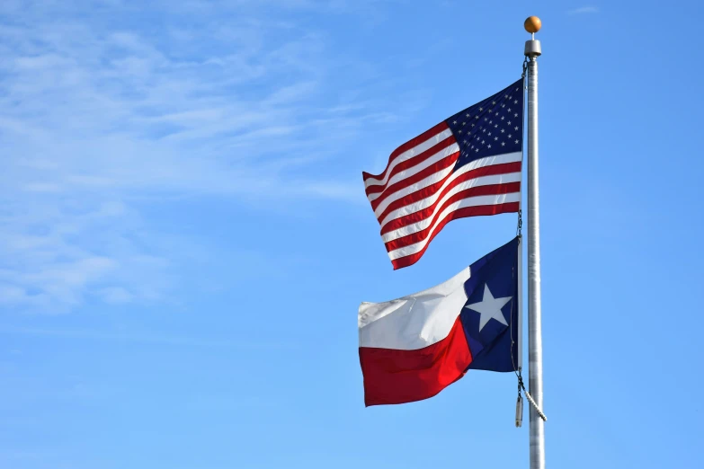 two flags are flying next to each other in the sky