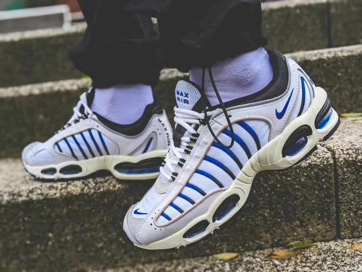 a close up of the nike air max plus'07 in light bone white, black and blue