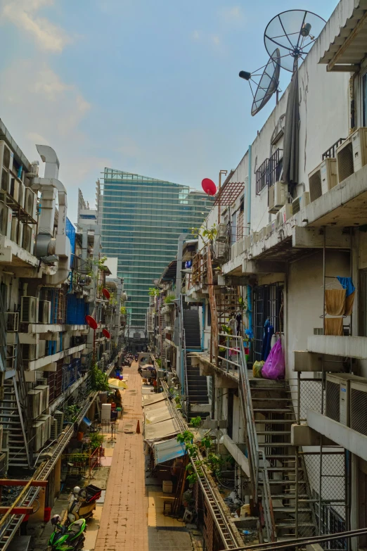 a street is lined with buildings and shops