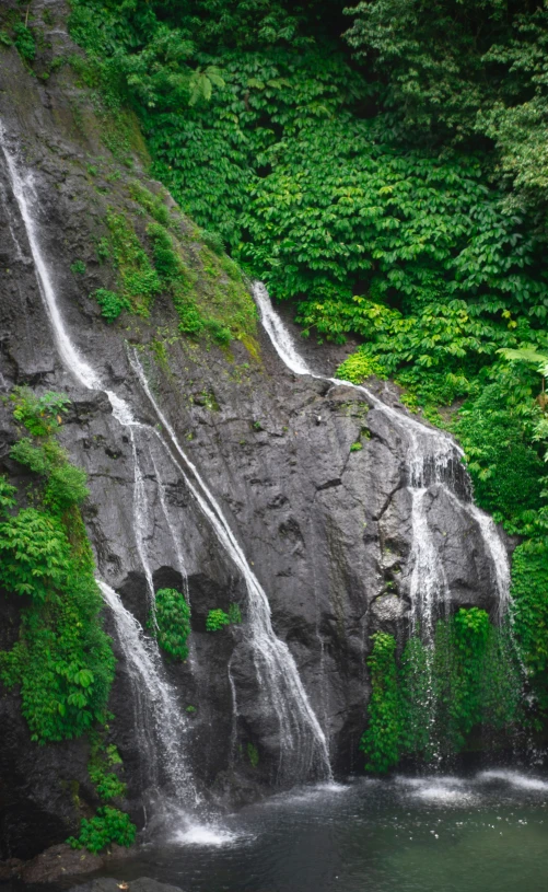 waterfall in forested area with small pond and people