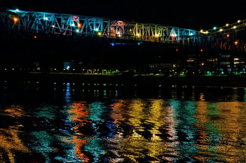 a city at night with lights reflecting in the water