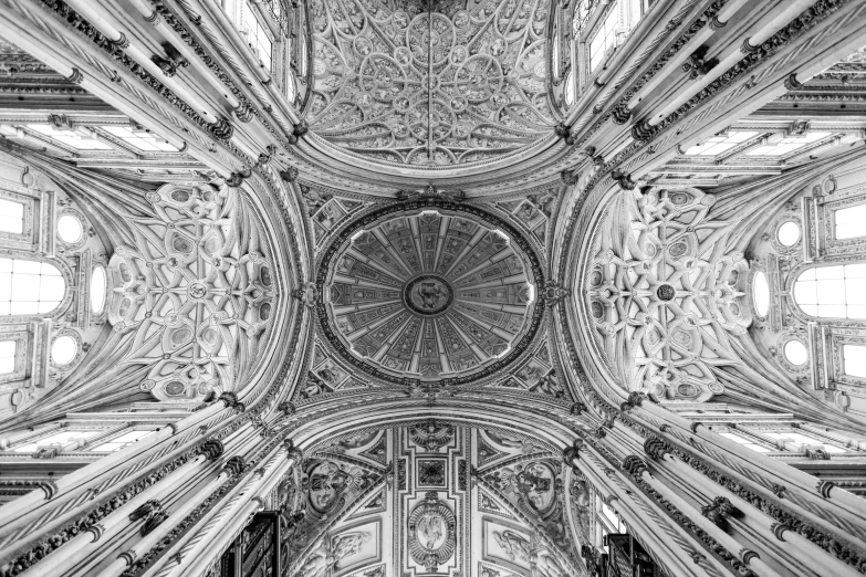 a view up in an old cathedral ceiling