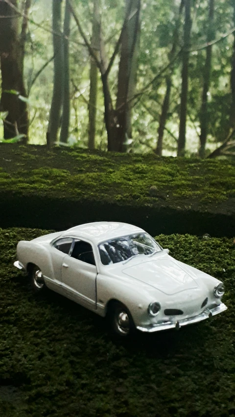 the model car is white and sits on grass next to the tree