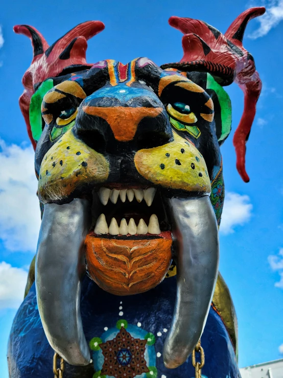 an animal statue has its mouth open and eyes wide