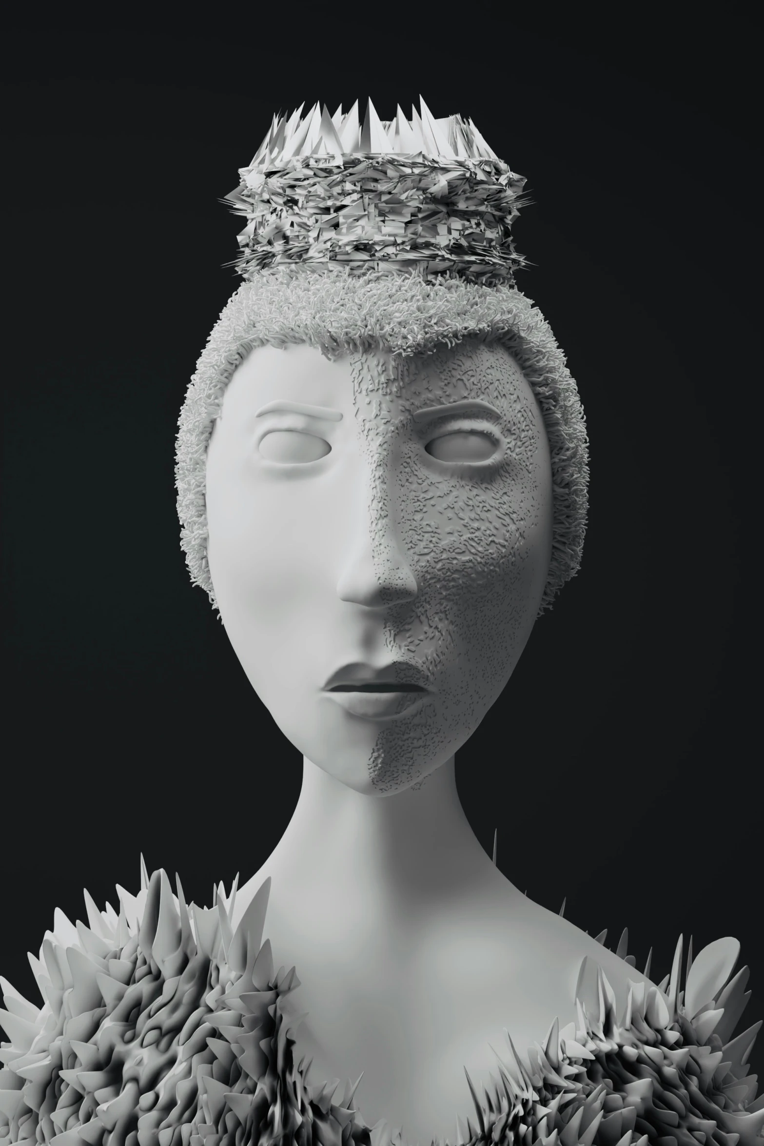 a white sculpture of a person with hair wearing a crown