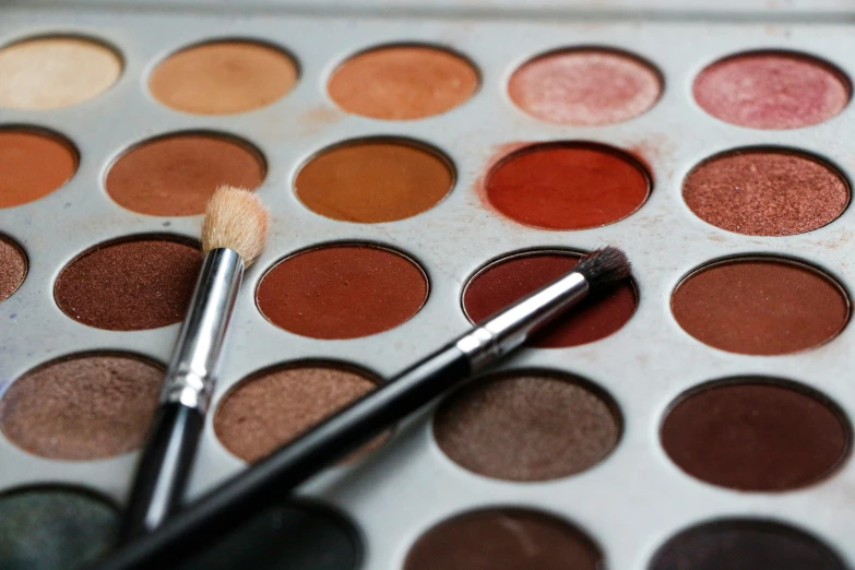 an eye shadow makeup palette is in the shape of a swate and two sets of brushes sit on the table