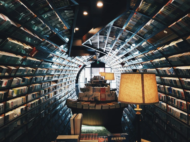 the light fixture is on in the middle of a room full of books