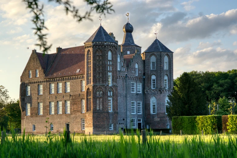 a view of a castle like building from behind the grass