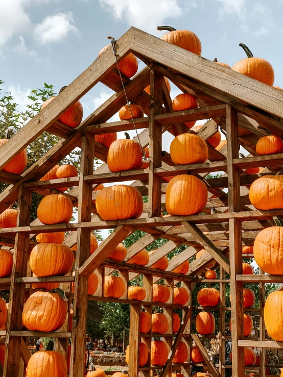 a wooden structure with carved pumpkins in it