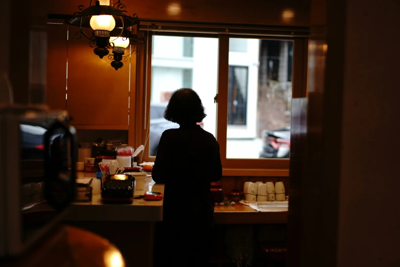 the silhouette of a woman in her kitchen