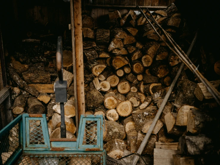 wood is stacked in piles behind a bench