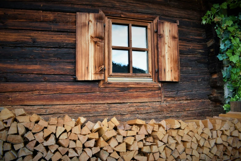 there is a picture of a log house with wood stacked on the side