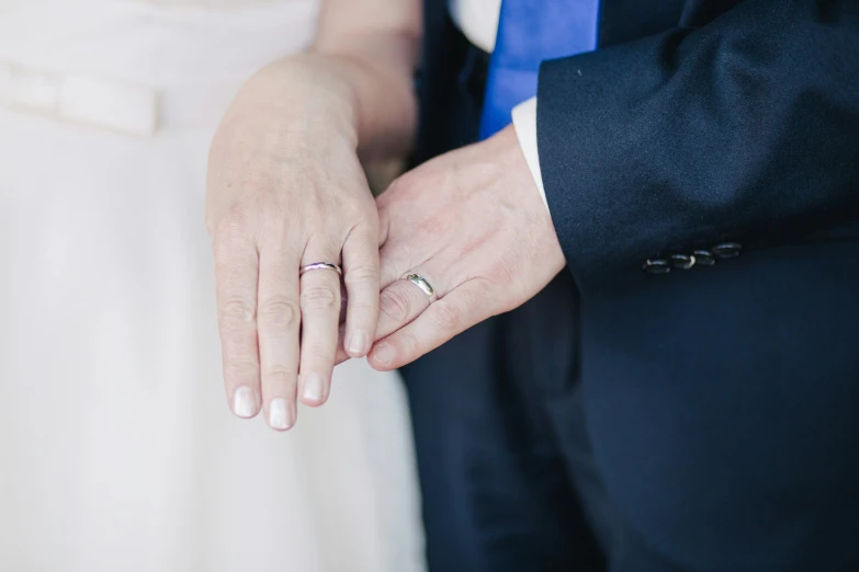 a couple holding each other's hand with wedding bands