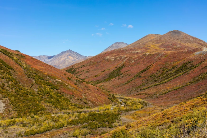 the view of several mountains with orange and green vegetation