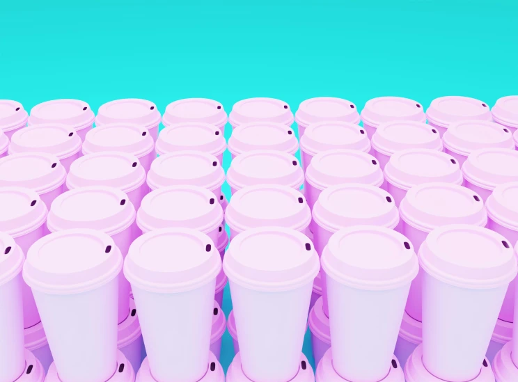 rows of coffee cups with white lids stacked on top