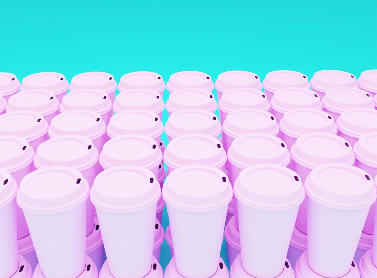 rows of coffee cups with white lids stacked on top
